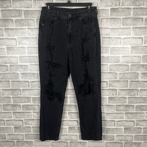 American Eagle AE Mom Jean Sz 8 Reg Destroyed Black Denim Comfort Stretch 28x27